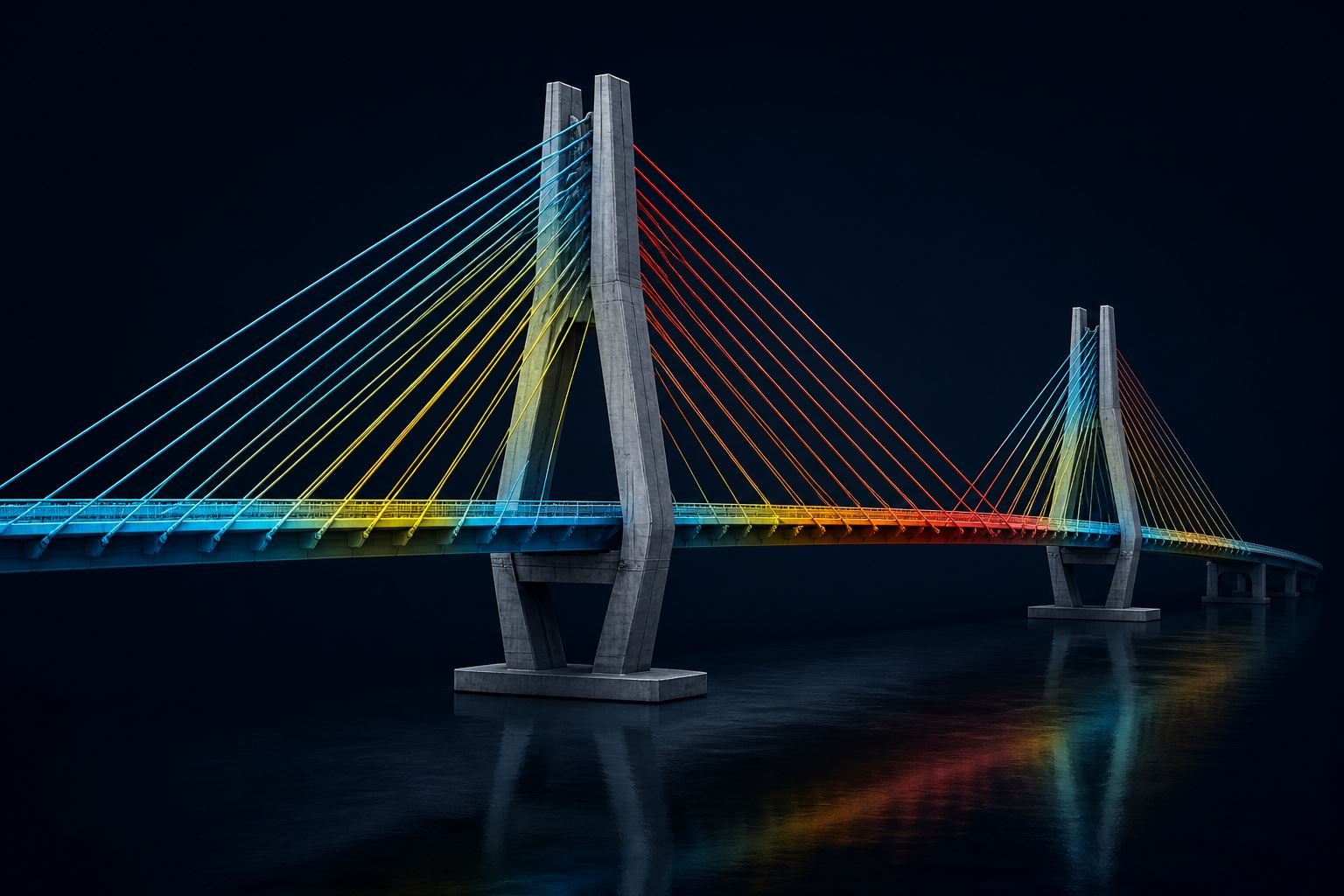 Cable-stayed bridge structural model with force coloring on cables and deck