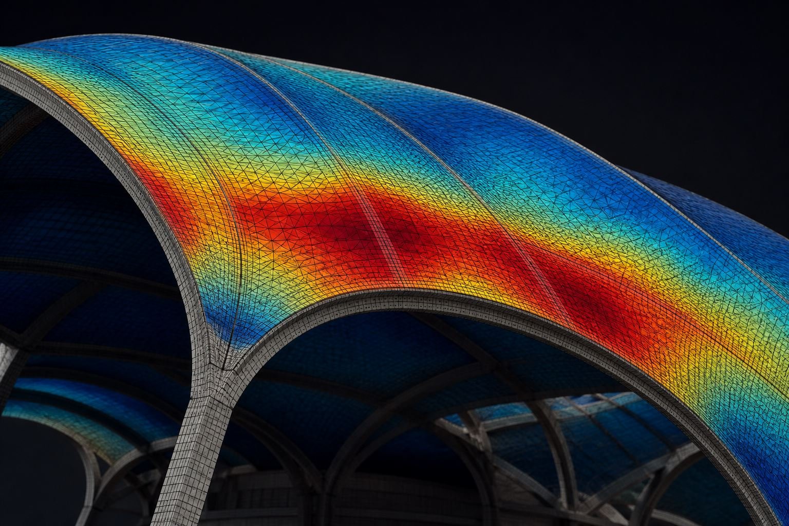 Finite element mesh on a curved shell surface with stress contours